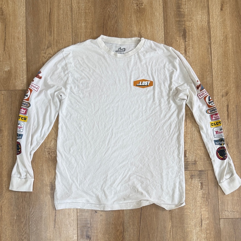 Lost White Long Sleeve Shirt with Sponsor Graphics